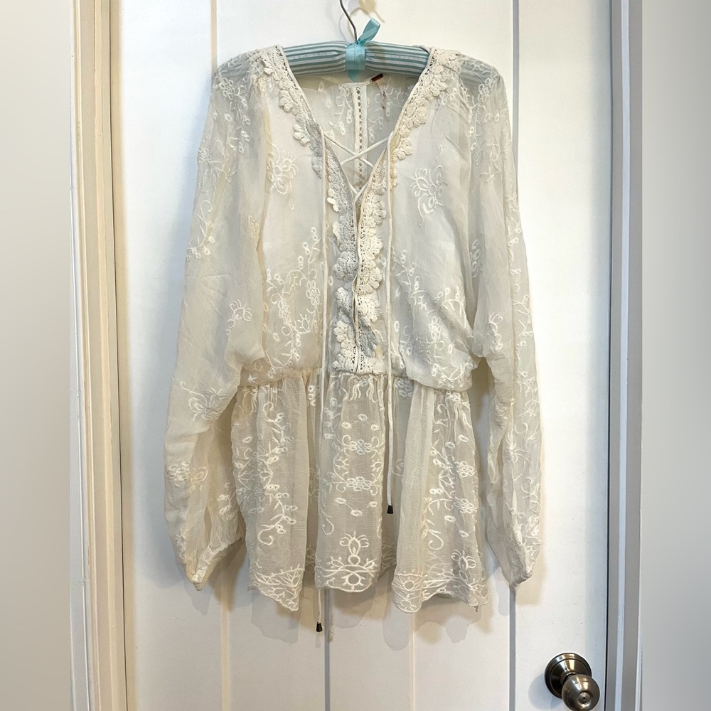 Free People Cream Lace-Up Embroidered Blouse